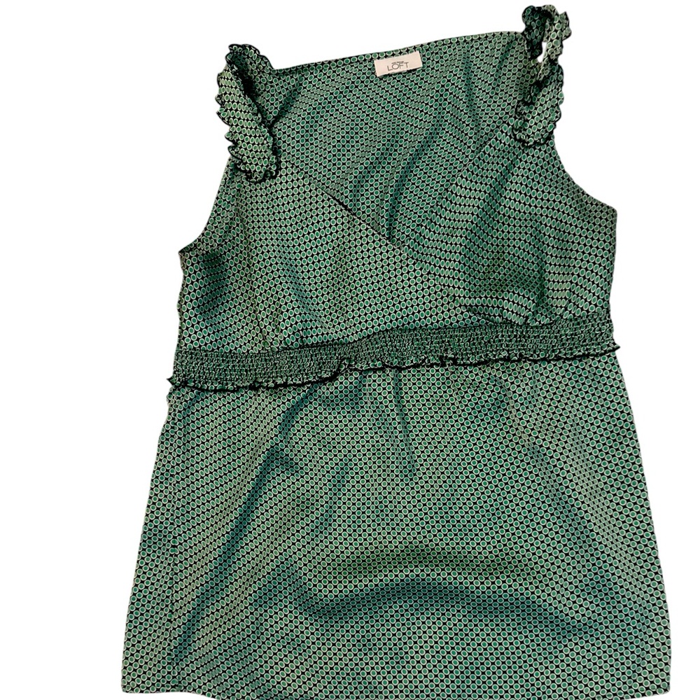 Loft sleeveless green and black print blouse. Size large.